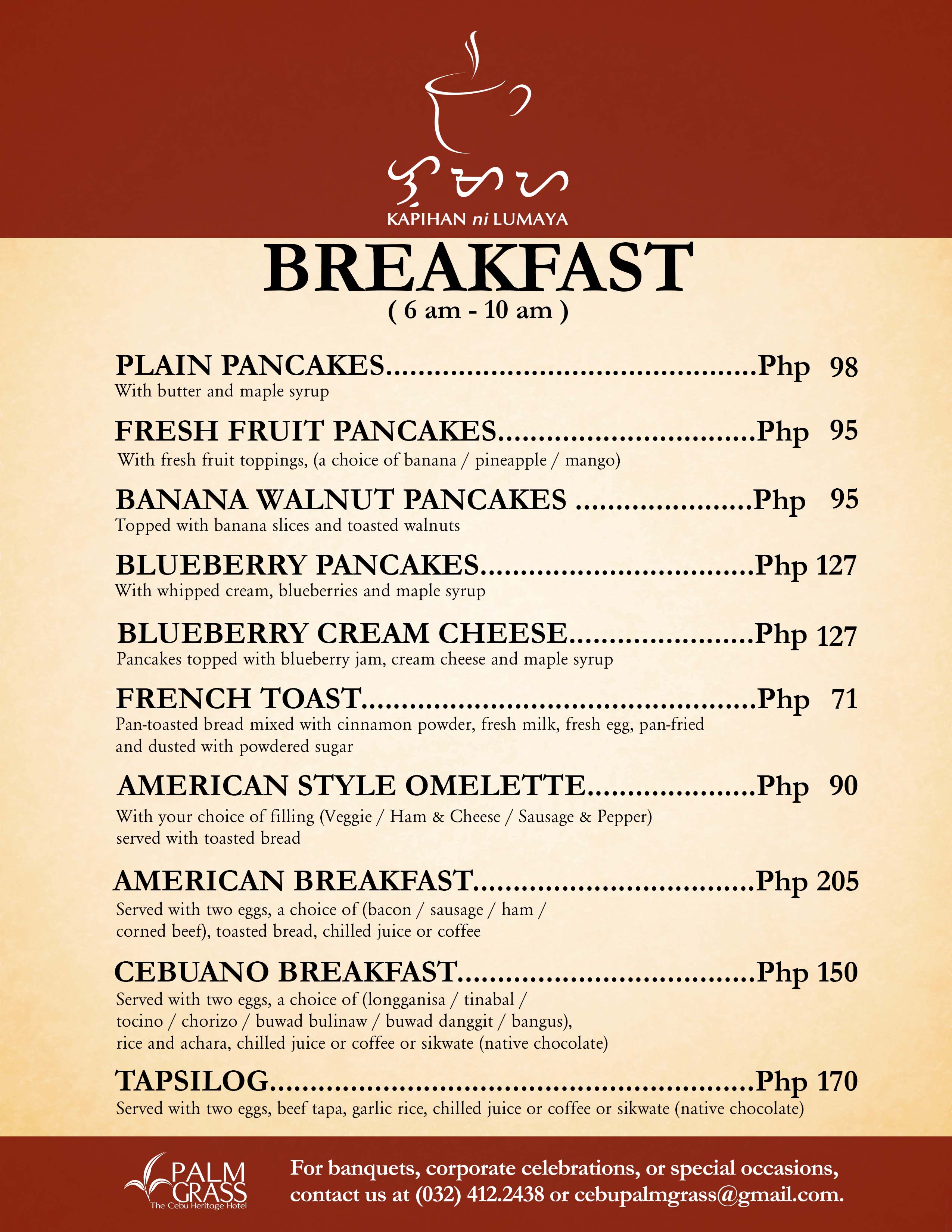 complimentary breakfast menu | Palm Grass The Cebu Heritage Hotel